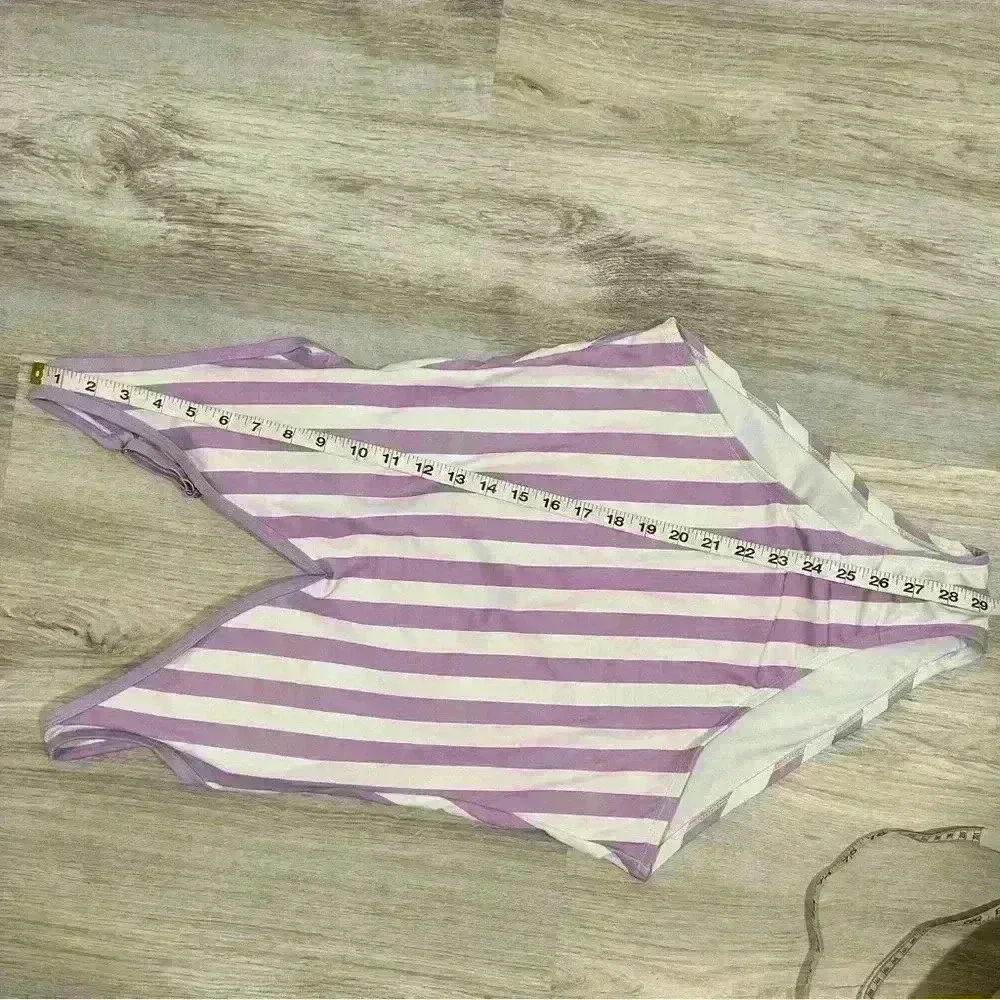 Kona Sol Purple Stripe V Neck Low Back High Leg One Piece Swimsuit Size L